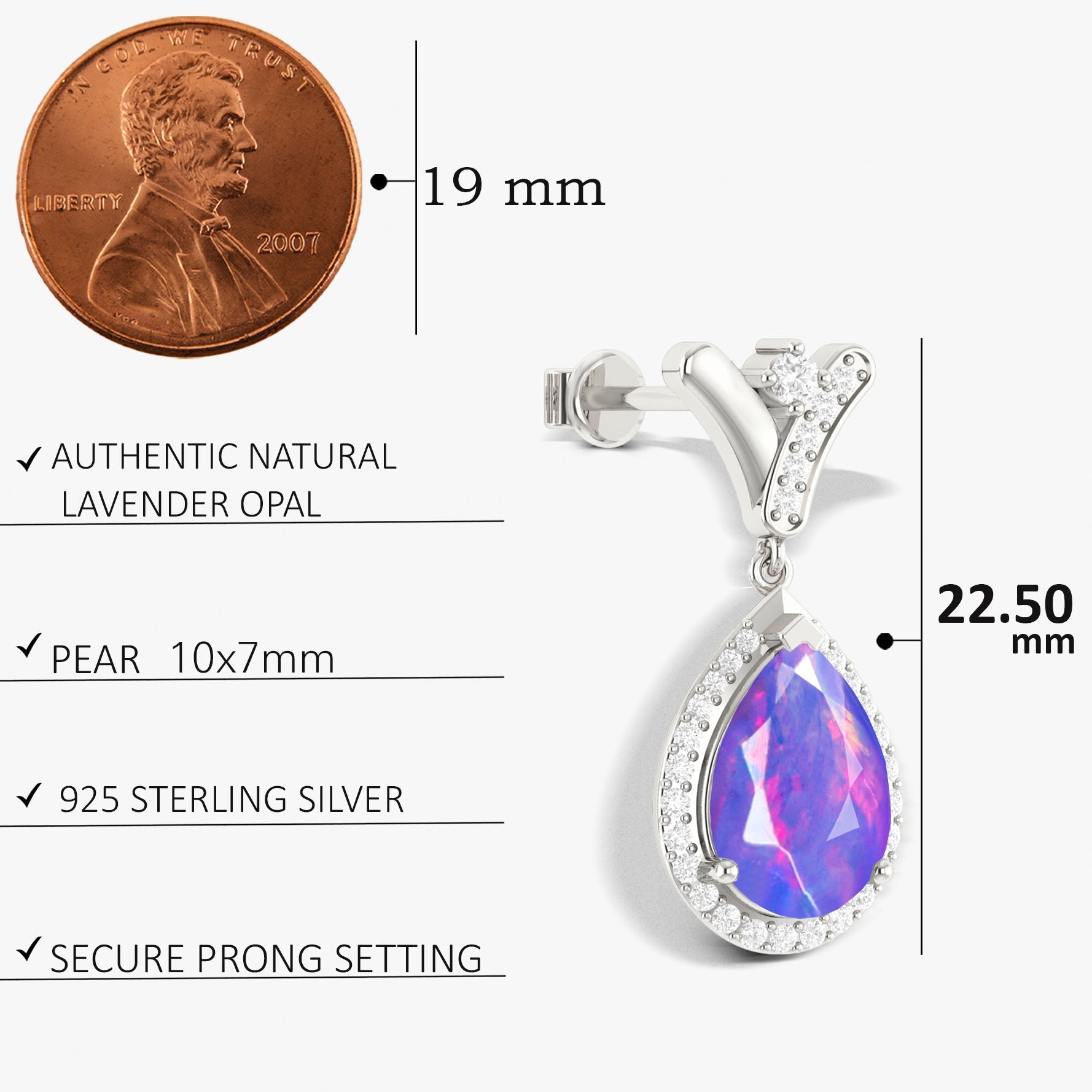 'V' Shape Style Natural Lavender Opal Drop Earrings with Push Back - Goodstone Jewels