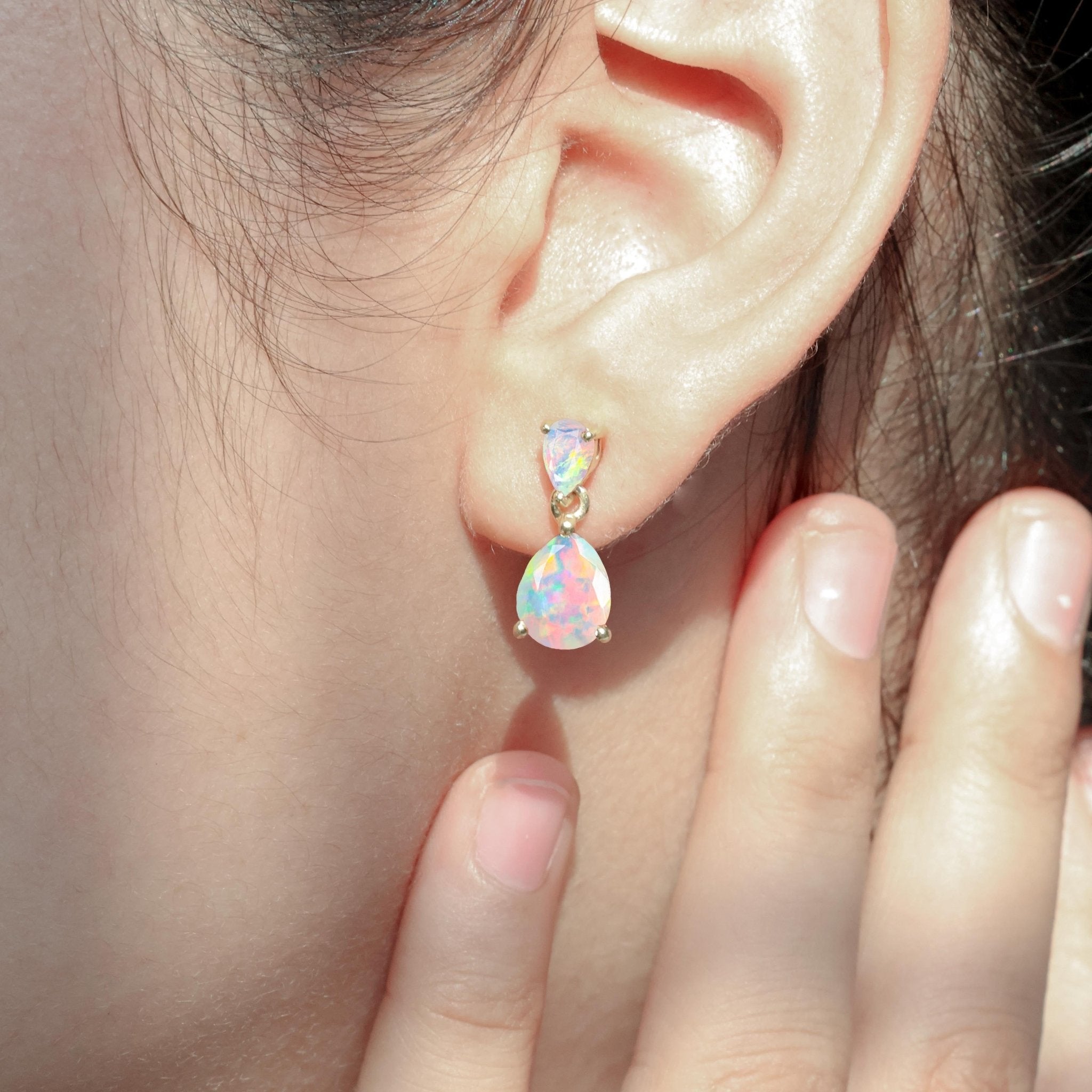 White Dual Opal Pear Drop Stud Earrings - Goodstone Jewels