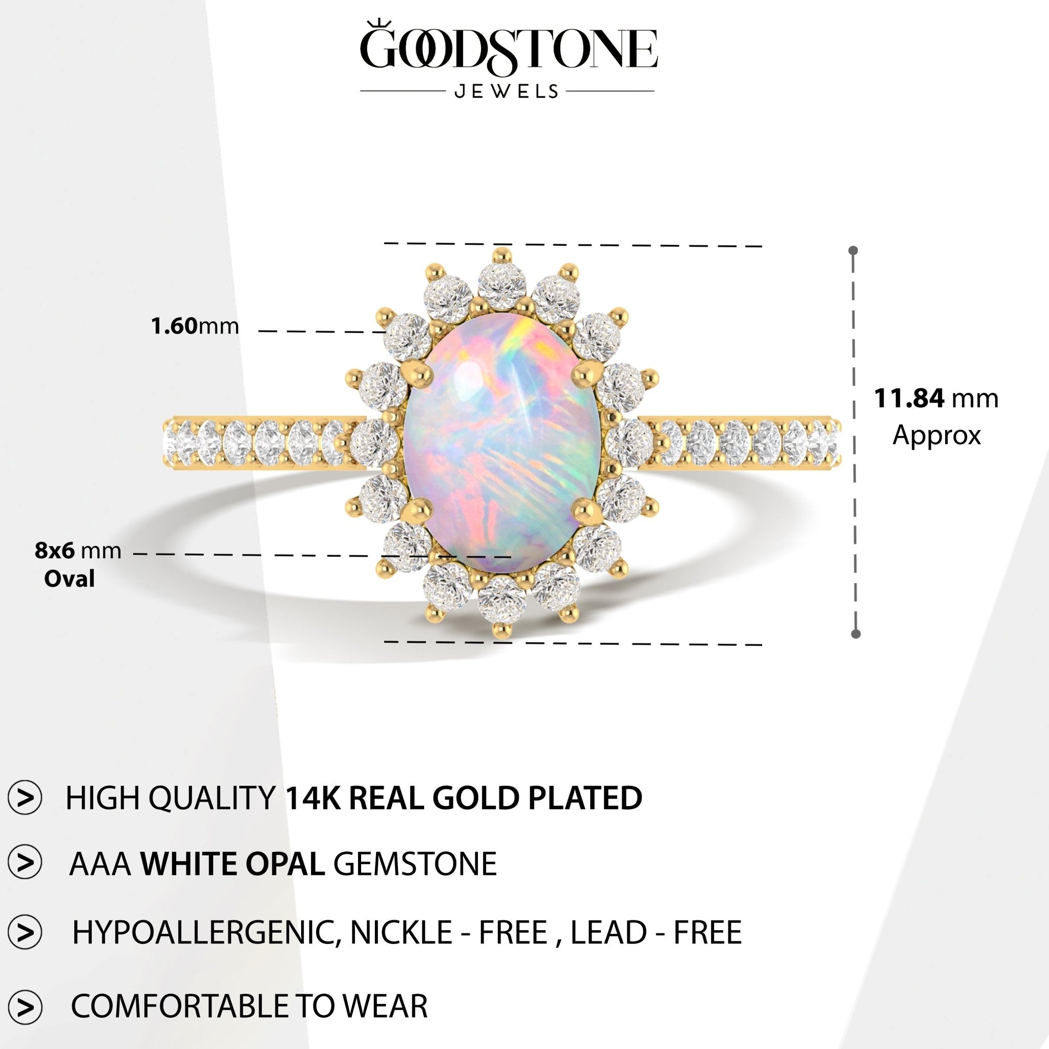 White Ethiopian Opal Gemstone Halo Style Ring - Goodstone Jewels