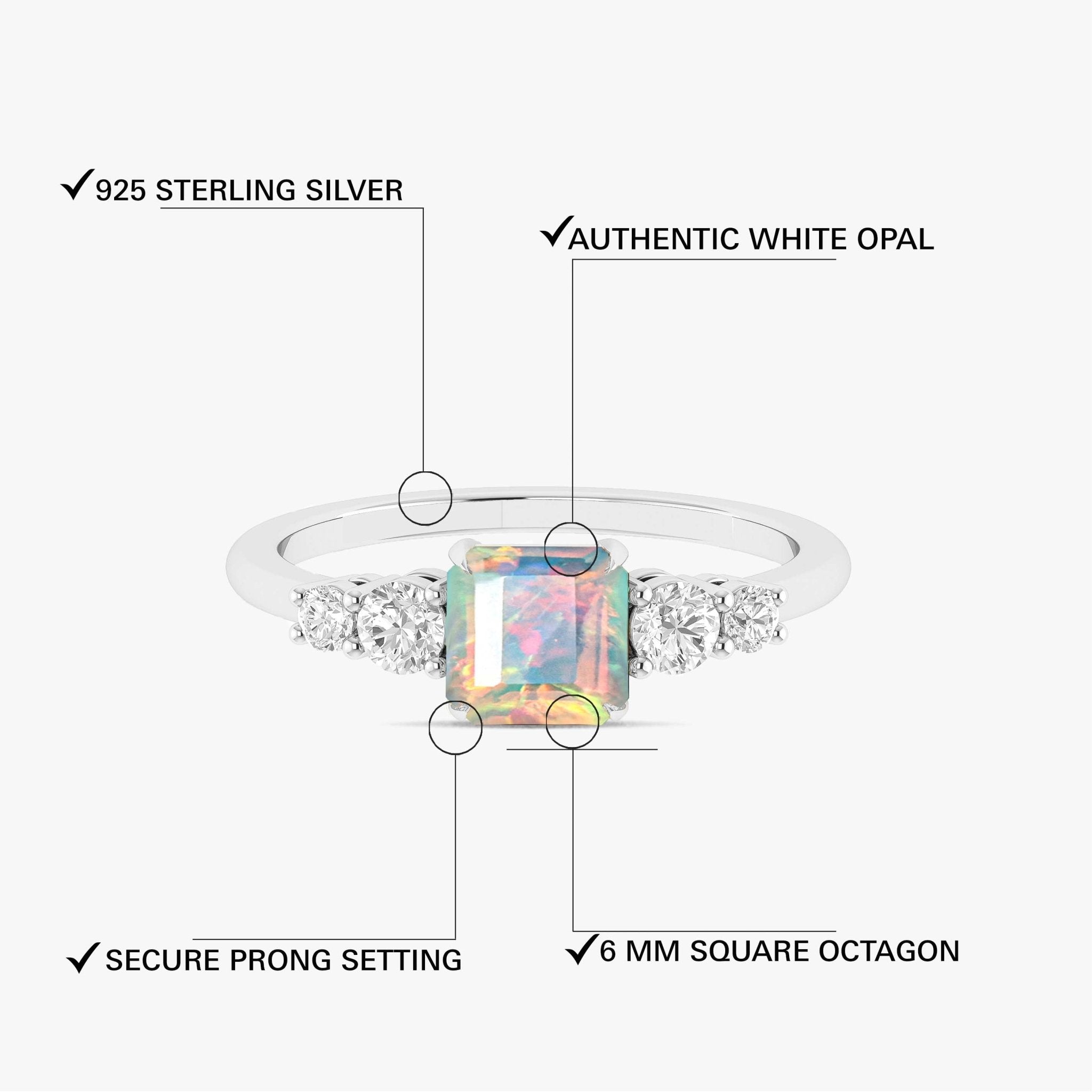White Natural Fire Faceted Octagon Opal Ring - Goodstone Jewels