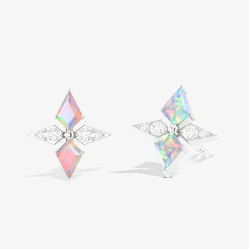 White Opal Dual Kite Gemstone Floral Stud Earrings