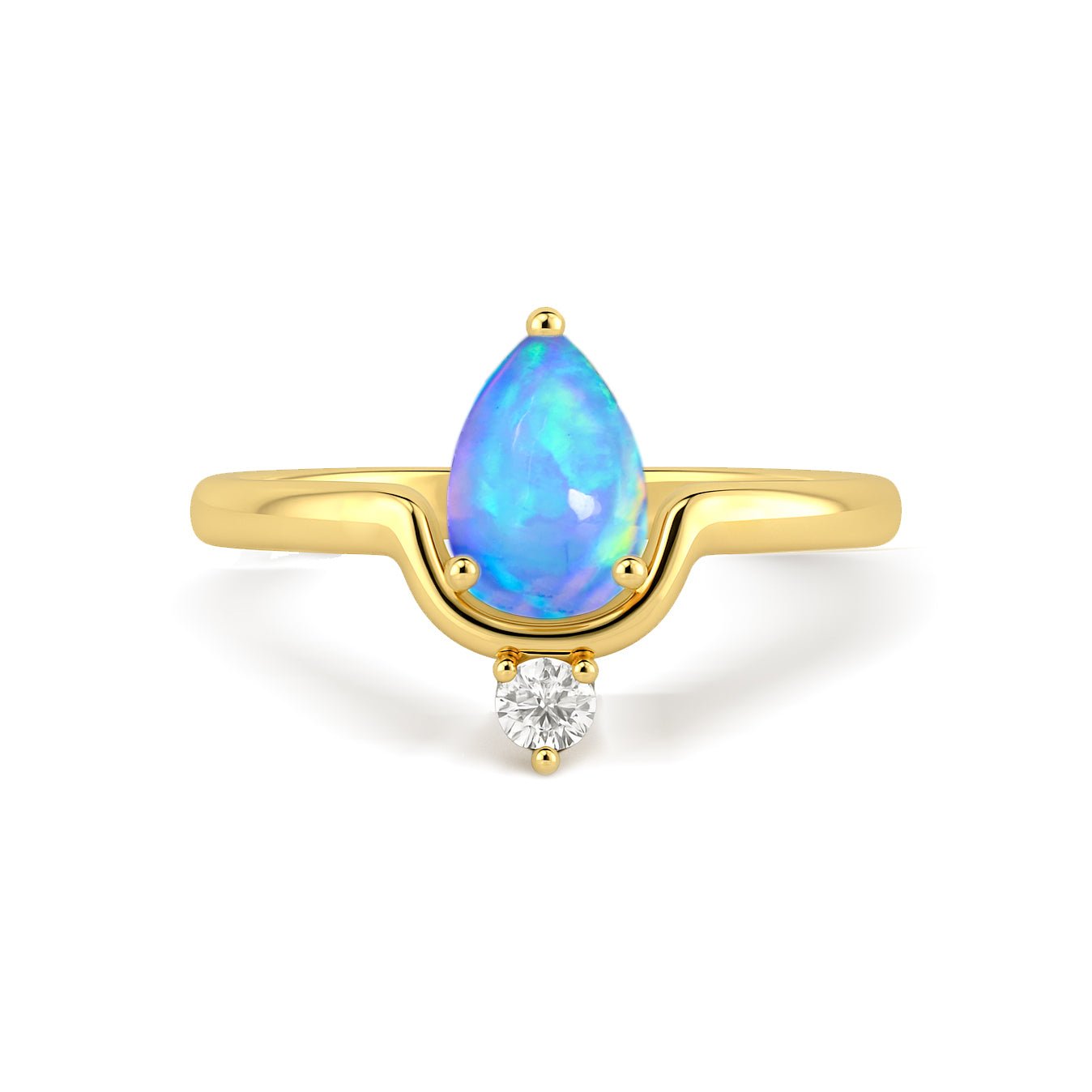 Wishbone Chevron Ring with Natural Blue Opal and White Cubic Zirconia - Goodstone Jewels