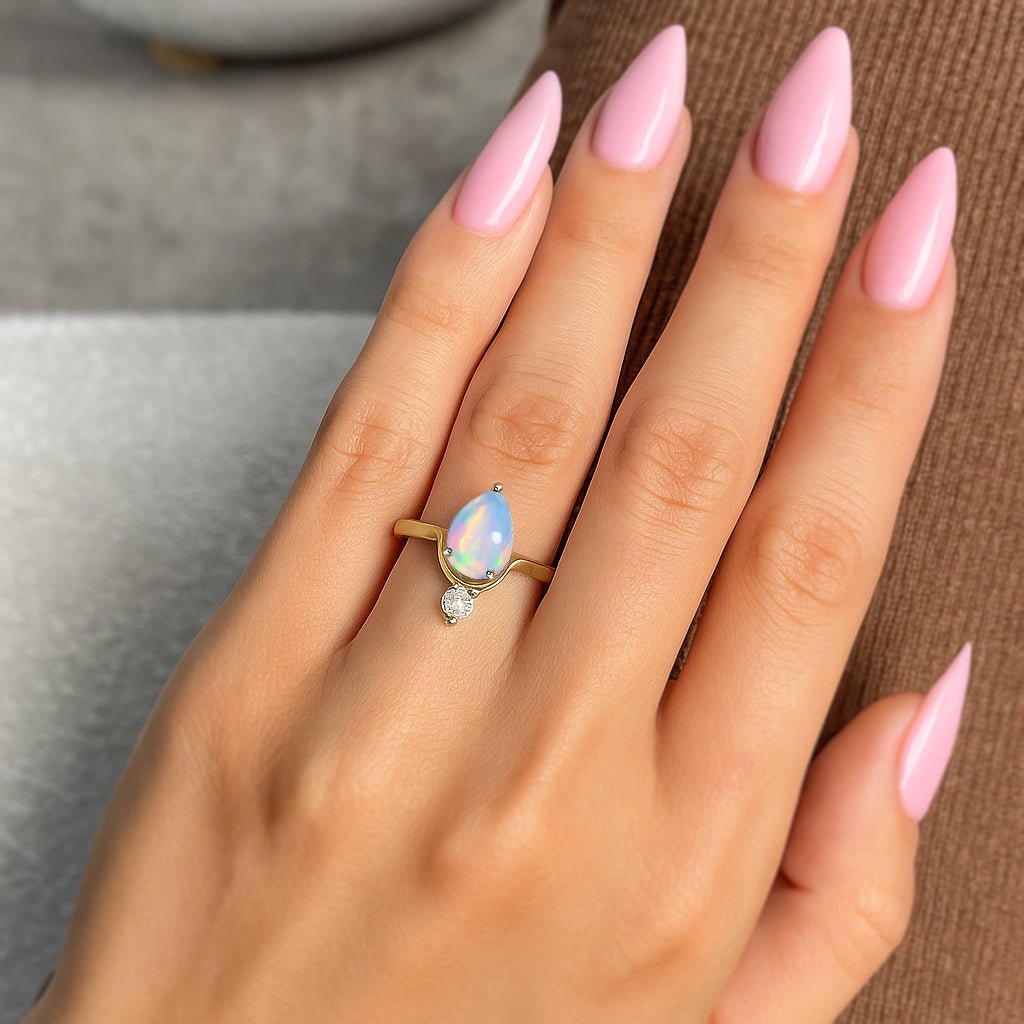 Wishbone Chevron Ring with Natural White Opal and Cubic Zirconia - Goodstone Jewels